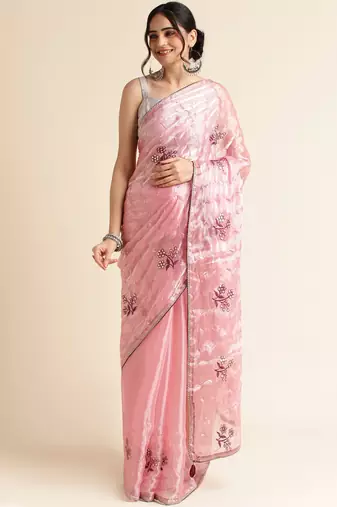 Peach Embellished  Organza Designer Party Wear Saree With Blouse Piece