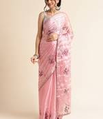 Peach Embellished  Organza Designer Party Wear Saree With Blouse Piece