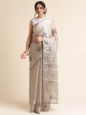Grey Embellished  Organza Designer Party Wear Saree With Blouse Piece 1