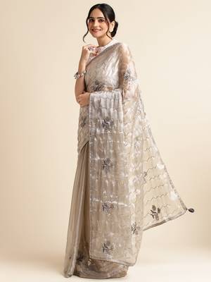 Grey Embellished  Organza Designer Party Wear Saree With Blouse Piece 2