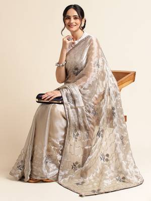Grey Embellished  Organza Designer Party Wear Saree With Blouse Piece 3