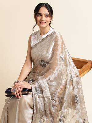 Grey Embellished  Organza Designer Party Wear Saree With Blouse Piece 4