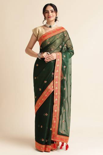 Green Embellished  Net Designer Party Wear Saree With Blouse Piece