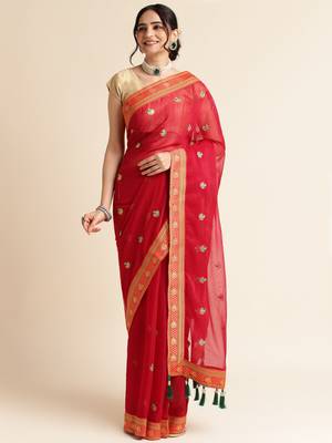 Red Embellished  Net Designer Party Wear Saree With Blouse Piece 1