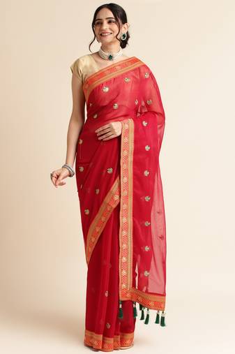 Red Embellished  Net Designer Party Wear Saree With Blouse Piece