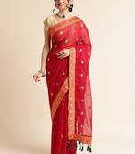 Red Embellished  Net Designer Party Wear Saree With Blouse Piece
