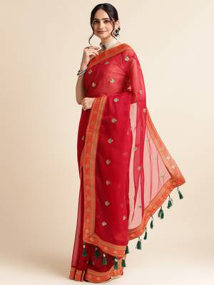 Red Embellished  Net Designer Party Wear Saree With Blouse Piece 2