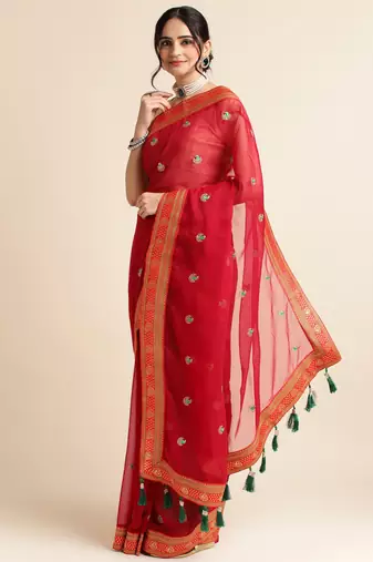 Red Embellished  Net Designer Party Wear Saree With Blouse Piece