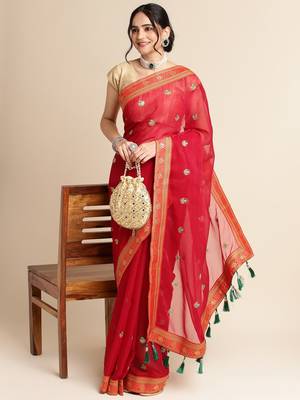 Red Embellished  Net Designer Party Wear Saree With Blouse Piece 3