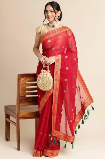 Red Embellished  Net Designer Party Wear Saree With Blouse Piece