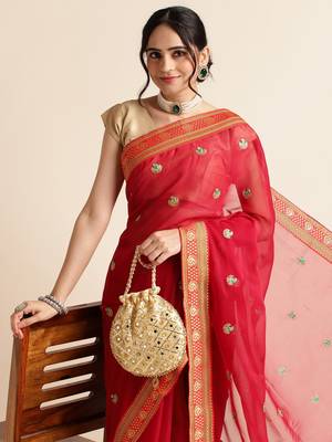 Red Embellished  Net Designer Party Wear Saree With Blouse Piece 4