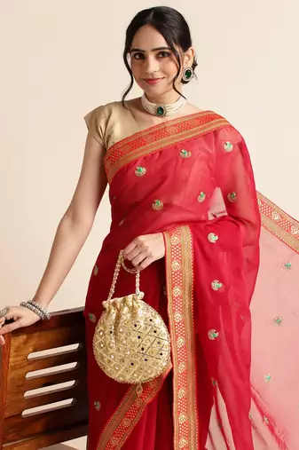Red Embellished  Net Designer Party Wear Saree With Blouse Piece
