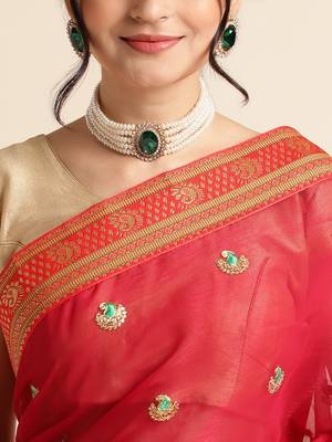 Red Embellished  Net Designer Party Wear Saree With Blouse Piece 5