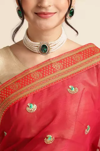 Red Embellished  Net Designer Party Wear Saree With Blouse Piece