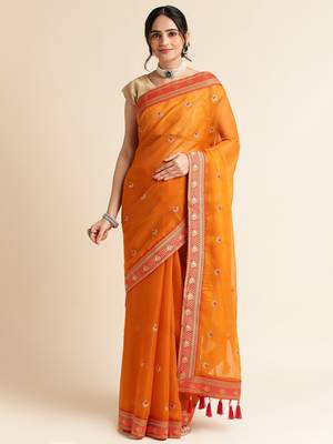 Mustard Embellished  Net Designer Party Wear Saree With Blouse Piece 1