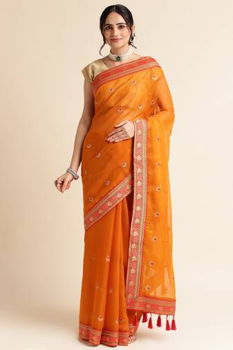 Mustard Embellished  Net Designer Party Wear Saree With Blouse Piece