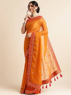 Mustard Embellished  Net Designer Party Wear Saree With Blouse Piece 2
