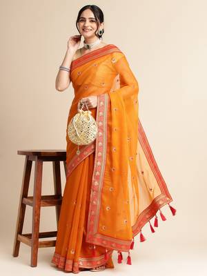 Mustard Embellished  Net Designer Party Wear Saree With Blouse Piece 3