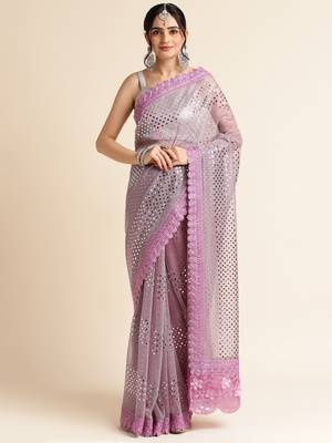 Purple Embellished  Lycra Designer Party Wear Saree With Blouse Piece 1