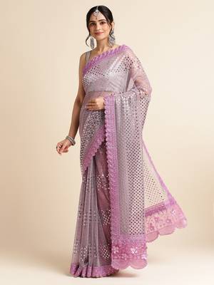 Purple Embellished  Lycra Designer Party Wear Saree With Blouse Piece 2