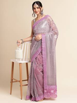 Purple Embellished  Lycra Designer Party Wear Saree With Blouse Piece 3
