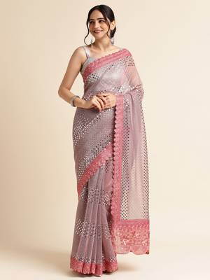 Peach Embellished  Lycra Designer Party Wear Saree With Blouse Piece 1