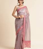 Peach Embellished  Lycra Designer Party Wear Saree With Blouse Piece