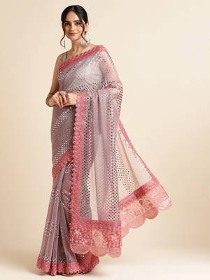 Peach Embellished  Lycra Designer Party Wear Saree With Blouse Piece 2
