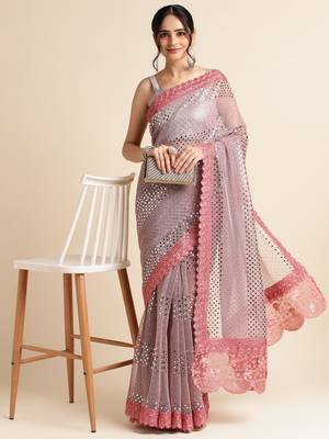 Peach Embellished  Lycra Designer Party Wear Saree With Blouse Piece 3
