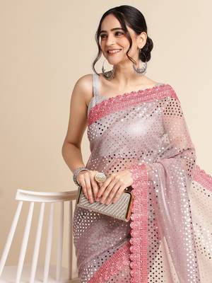 Peach Embellished  Lycra Designer Party Wear Saree With Blouse Piece 4