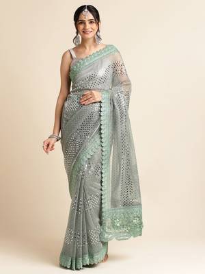 Grey Embellished  Lycra Designer Party Wear Saree With Blouse Piece 1