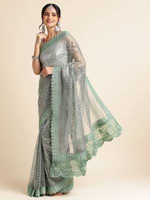 Grey Embellished  Lycra Designer Party Wear Saree With Blouse Piece 2
