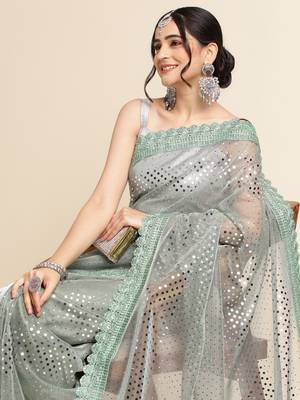 Grey Embellished  Lycra Designer Party Wear Saree With Blouse Piece 4