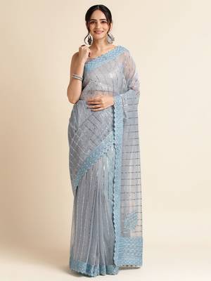 Blue Embellished  Lycra Designer Party Wear Saree With Blouse Piece 1