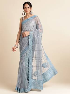 Blue Embellished  Lycra Designer Party Wear Saree With Blouse Piece 2