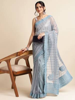 Blue Embellished  Lycra Designer Party Wear Saree With Blouse Piece 3