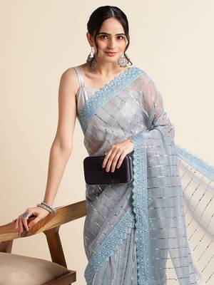 Blue Embellished  Lycra Designer Party Wear Saree With Blouse Piece 4