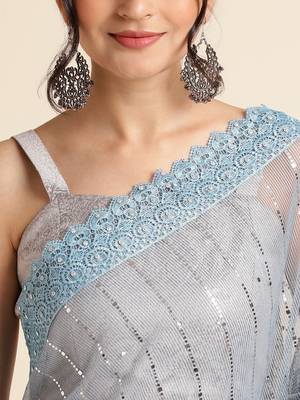 Blue Embellished  Lycra Designer Party Wear Saree With Blouse Piece 5