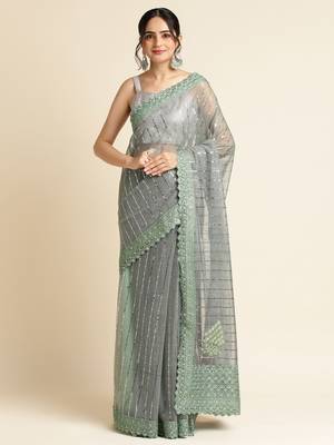 Green Embellished  Lycra Designer Party Wear Saree With Blouse Piece 1