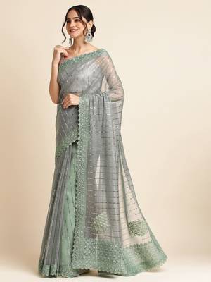 Green Embellished  Lycra Designer Party Wear Saree With Blouse Piece 2