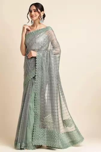 Green Embellished  Lycra Designer Party Wear Saree With Blouse Piece