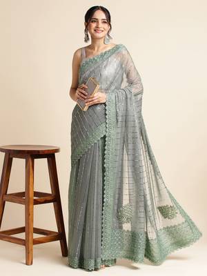 Green Embellished  Lycra Designer Party Wear Saree With Blouse Piece 3