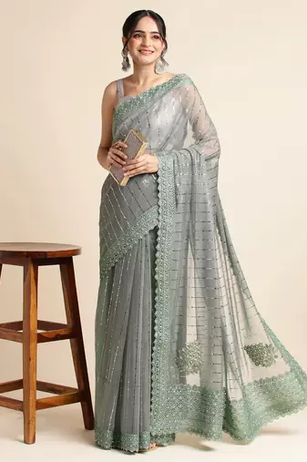 Green Embellished  Lycra Designer Party Wear Saree With Blouse Piece