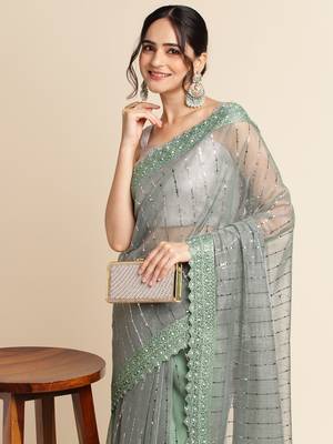 Green Embellished  Lycra Designer Party Wear Saree With Blouse Piece 4