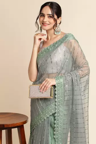 Green Embellished  Lycra Designer Party Wear Saree With Blouse Piece