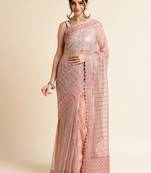 Peach Embellished  Lycra Designer Party Wear Saree With Blouse Piece