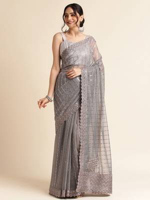 Grey Embellished  Lycra Designer Party Wear Saree With Blouse Piece 1