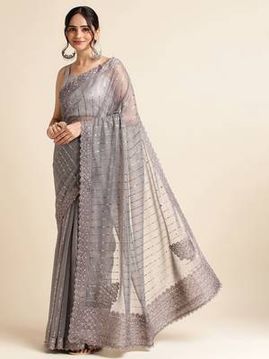 Grey Embellished  Lycra Designer Party Wear Saree With Blouse Piece 2