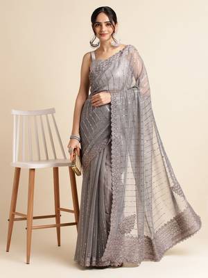 Grey Embellished  Lycra Designer Party Wear Saree With Blouse Piece 3