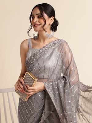 Grey Embellished  Lycra Designer Party Wear Saree With Blouse Piece 4